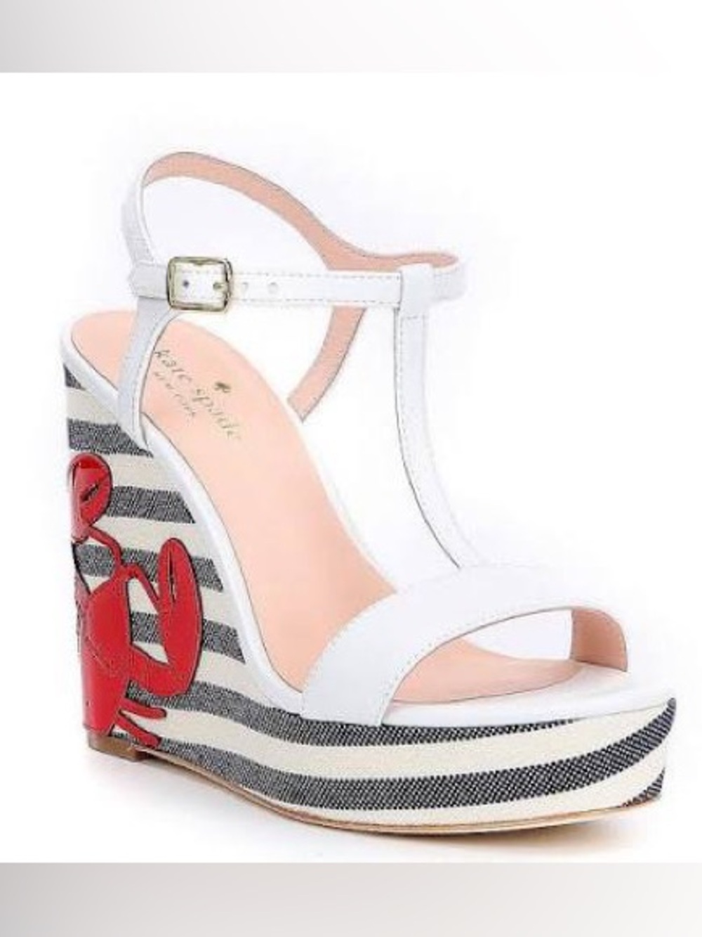 Kate Spade-,White T-Strap Wedge Sandal with Red Lobster Detail